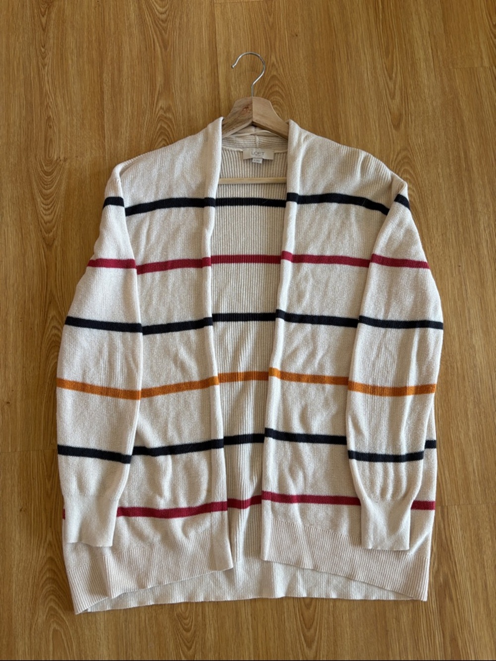 LOFT Women’s Cream Open-Front Cardigan Sweater with Multi-Color Stripes